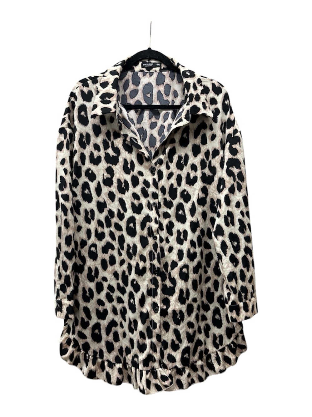 Leopard Print Button-Down Ruffle Trim Shirt - Black & Cream Women’s Top